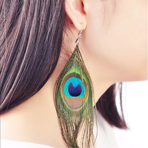 🦚LAST 1! Peacock Statement Earrings 🦚 - Picture 2 of 8